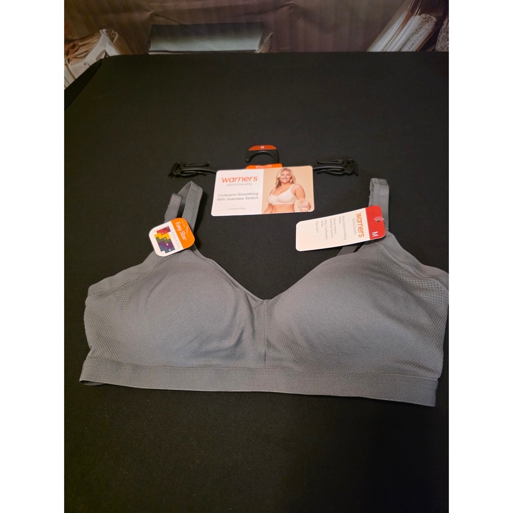 Warners Blissful Benefits Wireless Sz Medium Comfort Bra Gray Underarm Smoothing